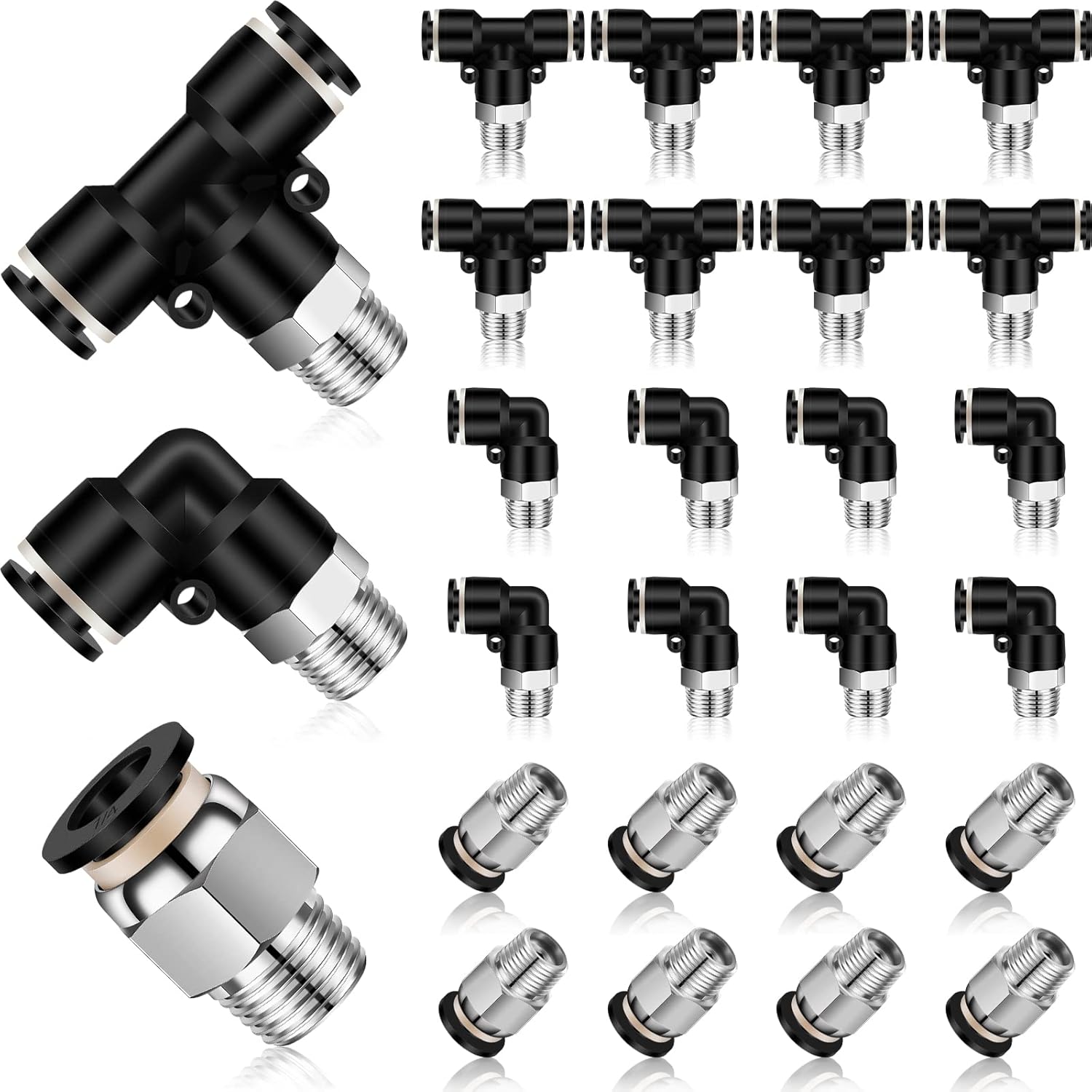Zhengmy 24-Pack 1/4" OD x 1/8" NPT Push-to-Connect Pneumatic Fittings Kit - 8 Straight, 8 Elbow, 8 Tee Quick Connectors