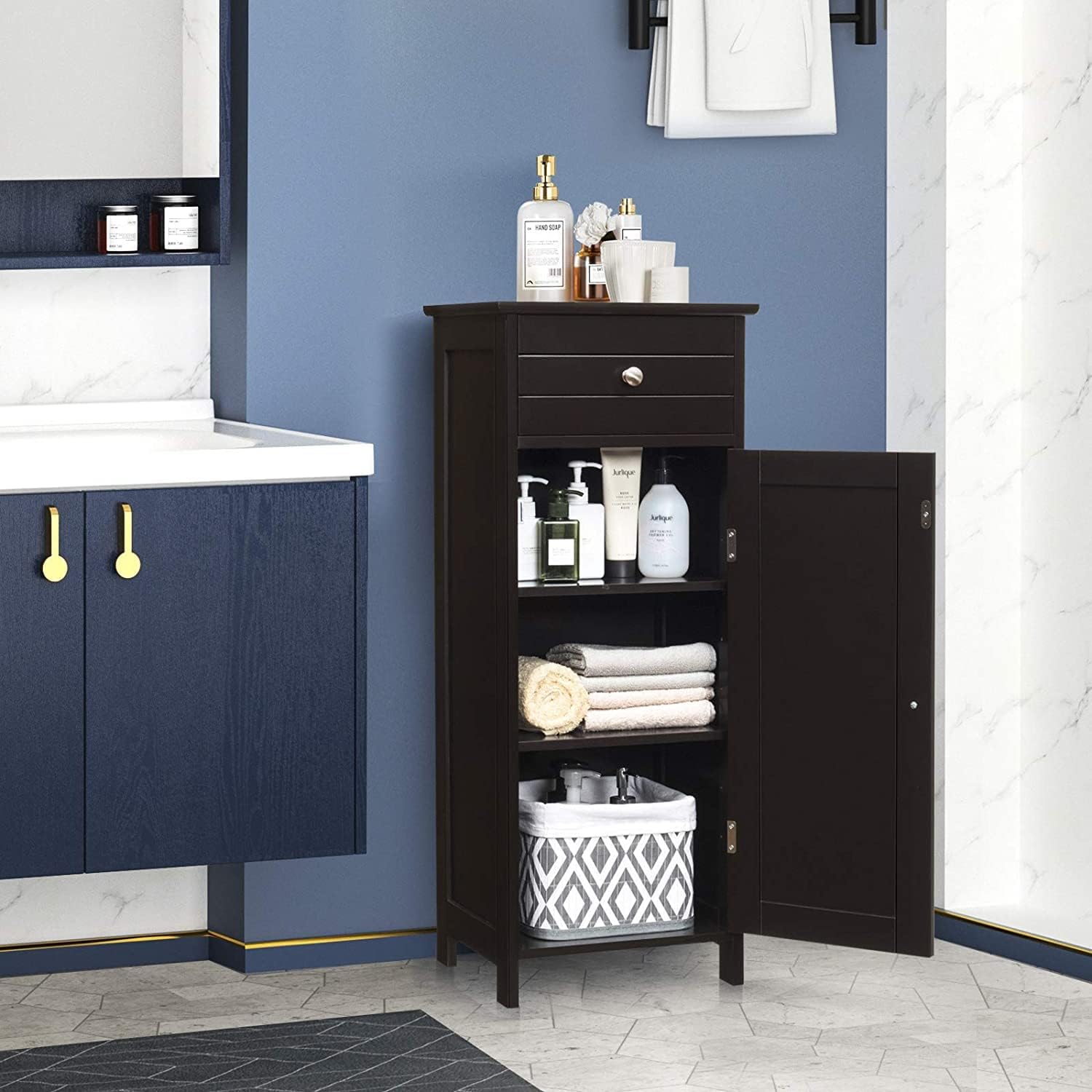 Hysache HW66372 cabinet placed in a modern bathroom setting next to a sink, with the door open showing various bathroom items.