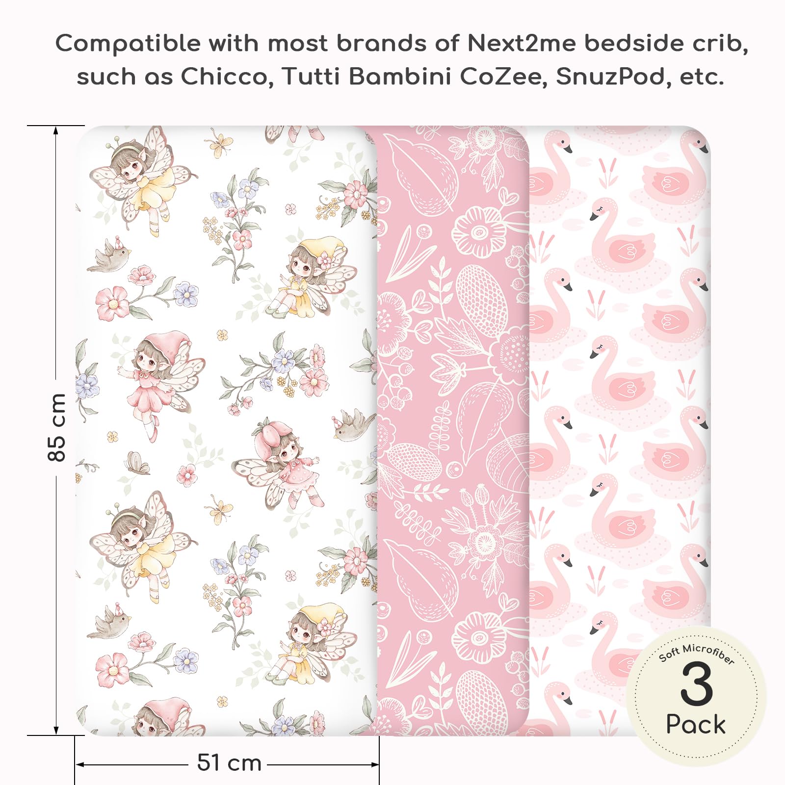 Yukkidds Next to Me Crib Sheets 83x50cm Fitted 3 Pack Baby Crib Sheets Ultra Soft&Breathable Microfiber Baby Cot Bedding Sheets Pink Fairy - Image 2