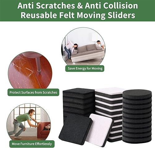 Miniatura 5 de Ezprotekt Deslizadores cuadrados de fieltro de 2.5 pulgadas para suelos de madera dura, 24 almohadillas móviles reutilizables de fieltro para sofá,