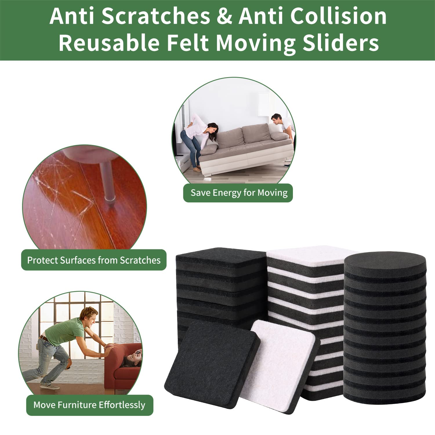 Snapklik.com : 24 PCS 2.5" Square Felt Furniture Movers Sliders For ...