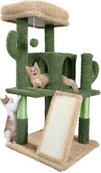 BOWHAUS Cactus Cat Tower, 37-Inch Multi-Level Cat Activity Tree with Scratching Posts, Ramp & 2-Door Cat Cave Condo