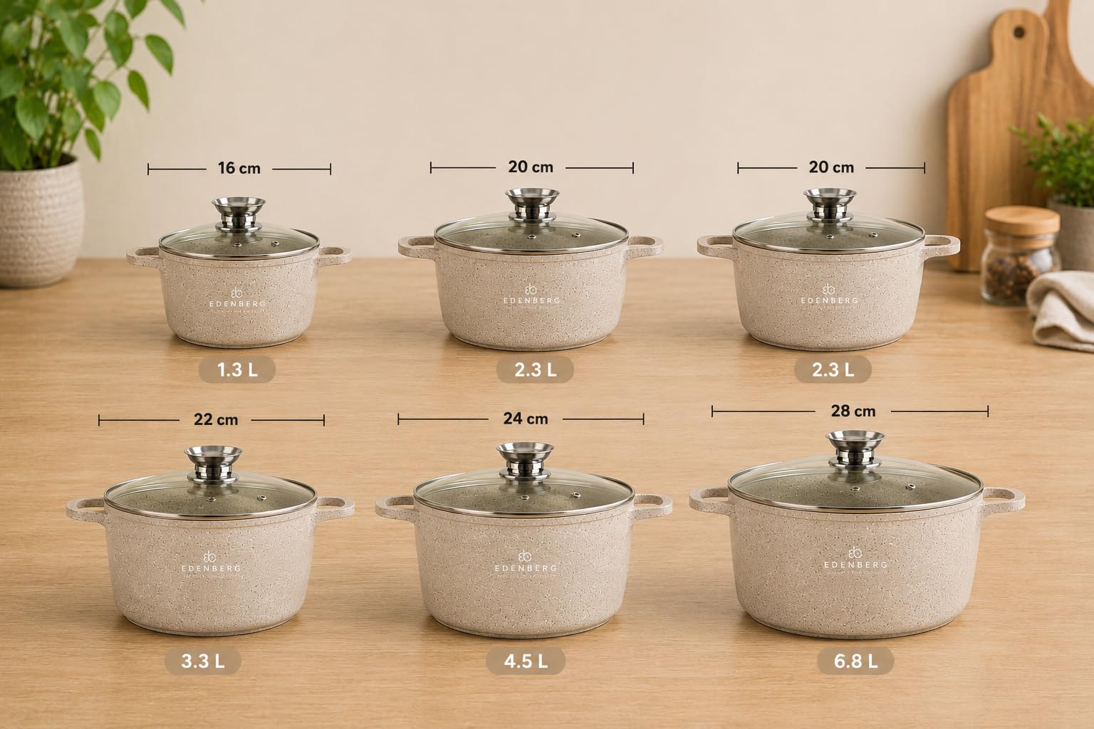Beige Töpfe mit Marmor-Keramik-Beschichtung 12-tlg Induktion | induktions Töpfe Set, Kochtöpfe, Töpfe Induktion | Kochgeschirr Set, Topfset induktionsgeeignet EB3916