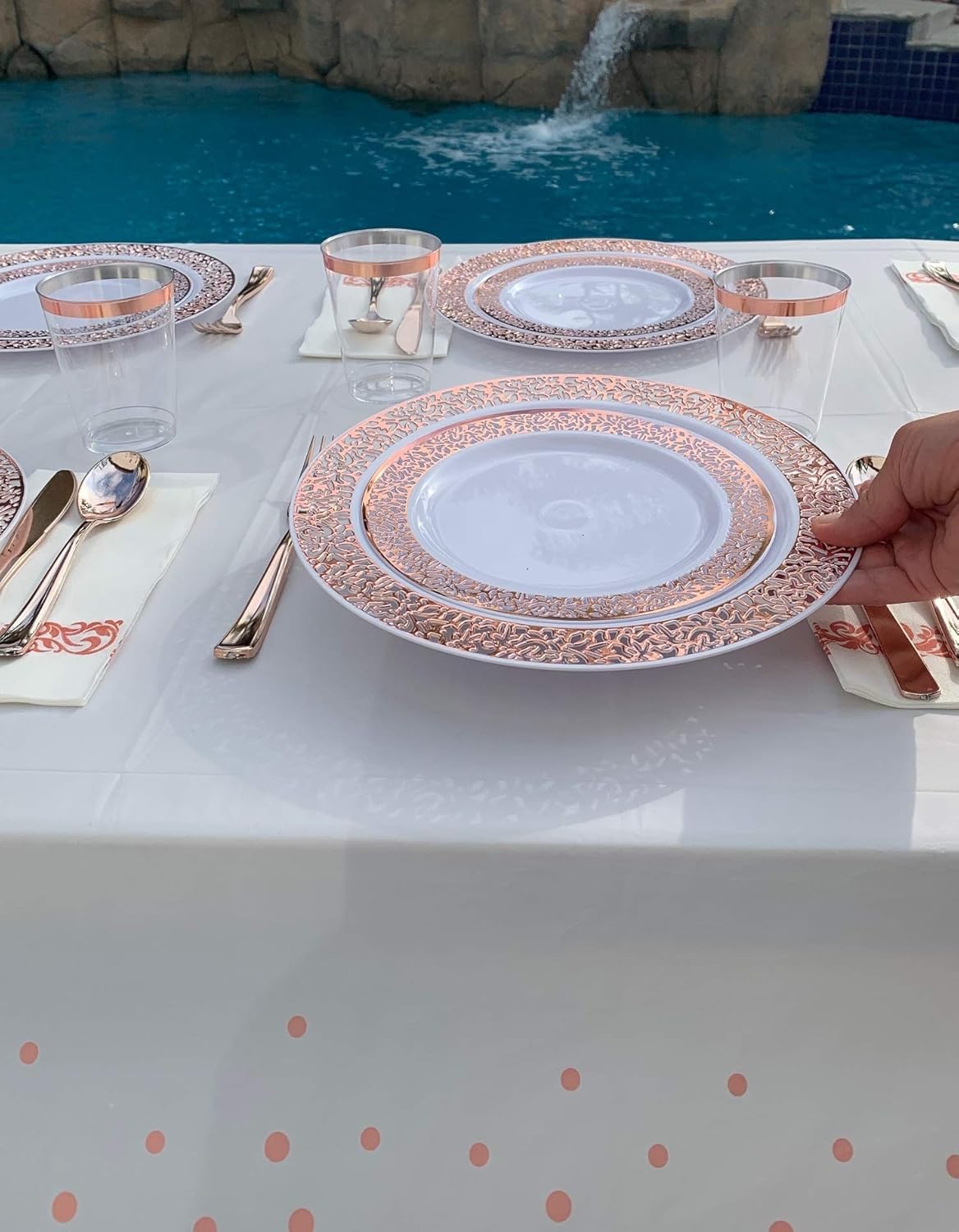Resonating Designs Rose Gold Confetti Table Covers - Pack of 5 Plastic Rectangle Kitchen and Picnic Tablecloths - Party Decorations for Birthday, Graduation, Wedding Parties - 54 x 108 Inch : Home & Kitchen