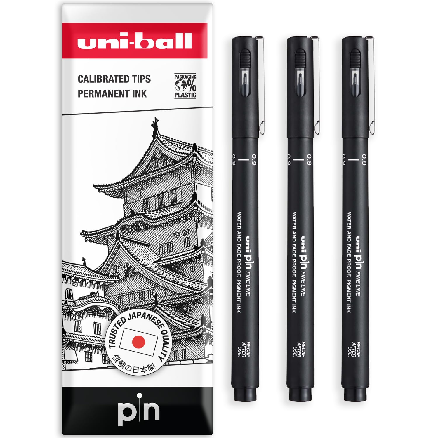 Uni Pin Fineliner Drawing Pen - Black Ink - 0.9mm Nib - Pack of 3 in Envelope Gift Packaging