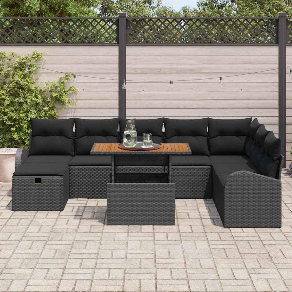 Ensemble de canapé de jardin noir en rotin synthétique avec 9 pièces, résistant aux intempéries, pour terrasse et balcon, comprend table, tabouret, coussin