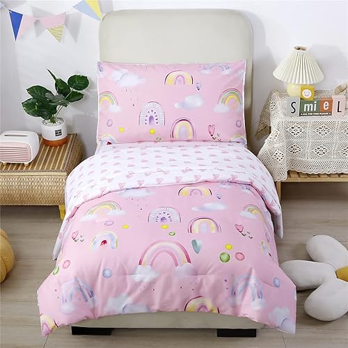 URBONUR Juego de ropa de cama de 4 piezas para niños pequeños, juego de edredón ultra suave y colorido de nube arcoíris en rosa para niñas, incluye