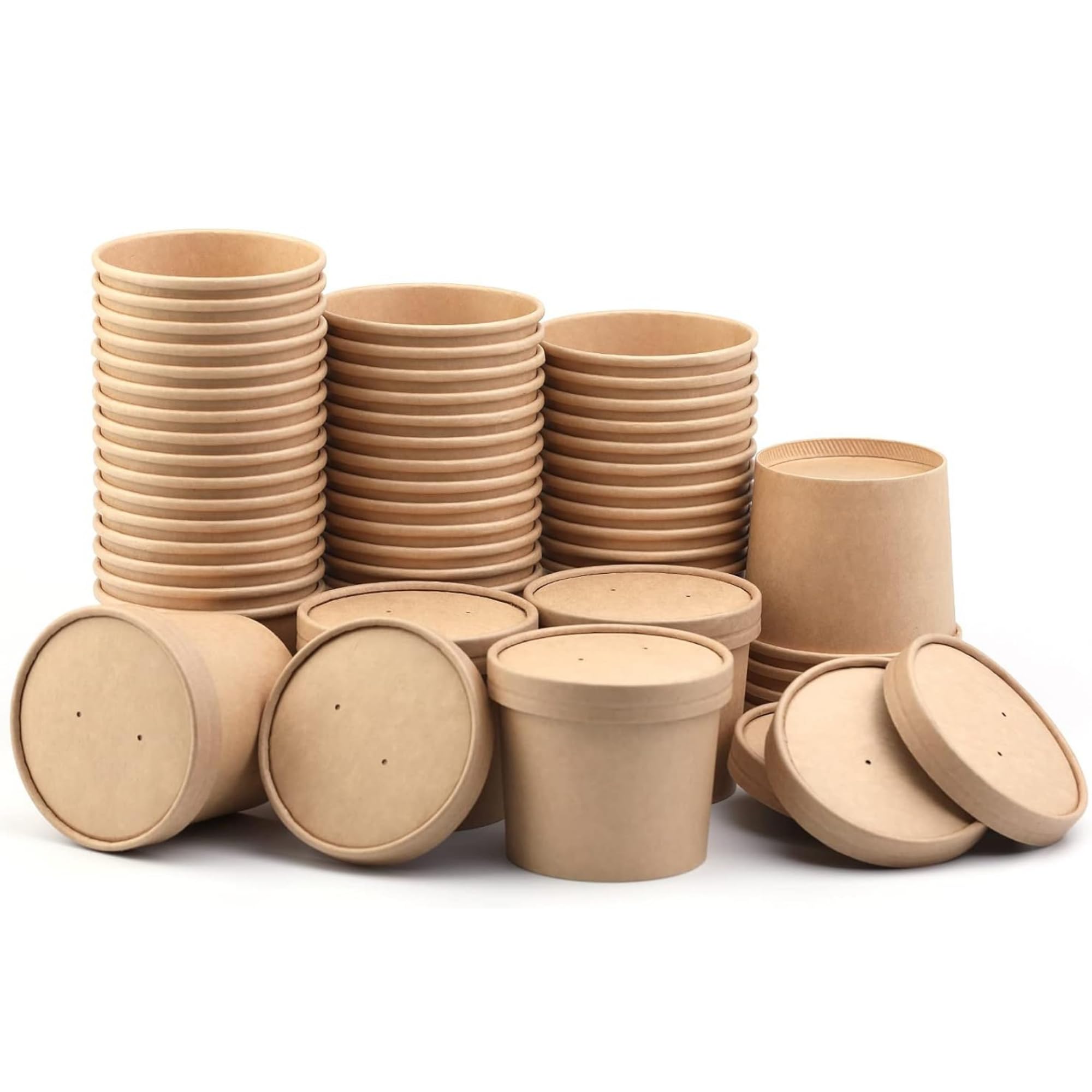 CaterCo Disposable Kraft Soup Containers with Lids (12oz / 340ml - 50 Pack) - Brown Paper Takeaway Paper Soup Cups, Microwave & Freezer Safe Ice Cream Container, Eco-Friendly (12oz / 340ml - 50 Pack)