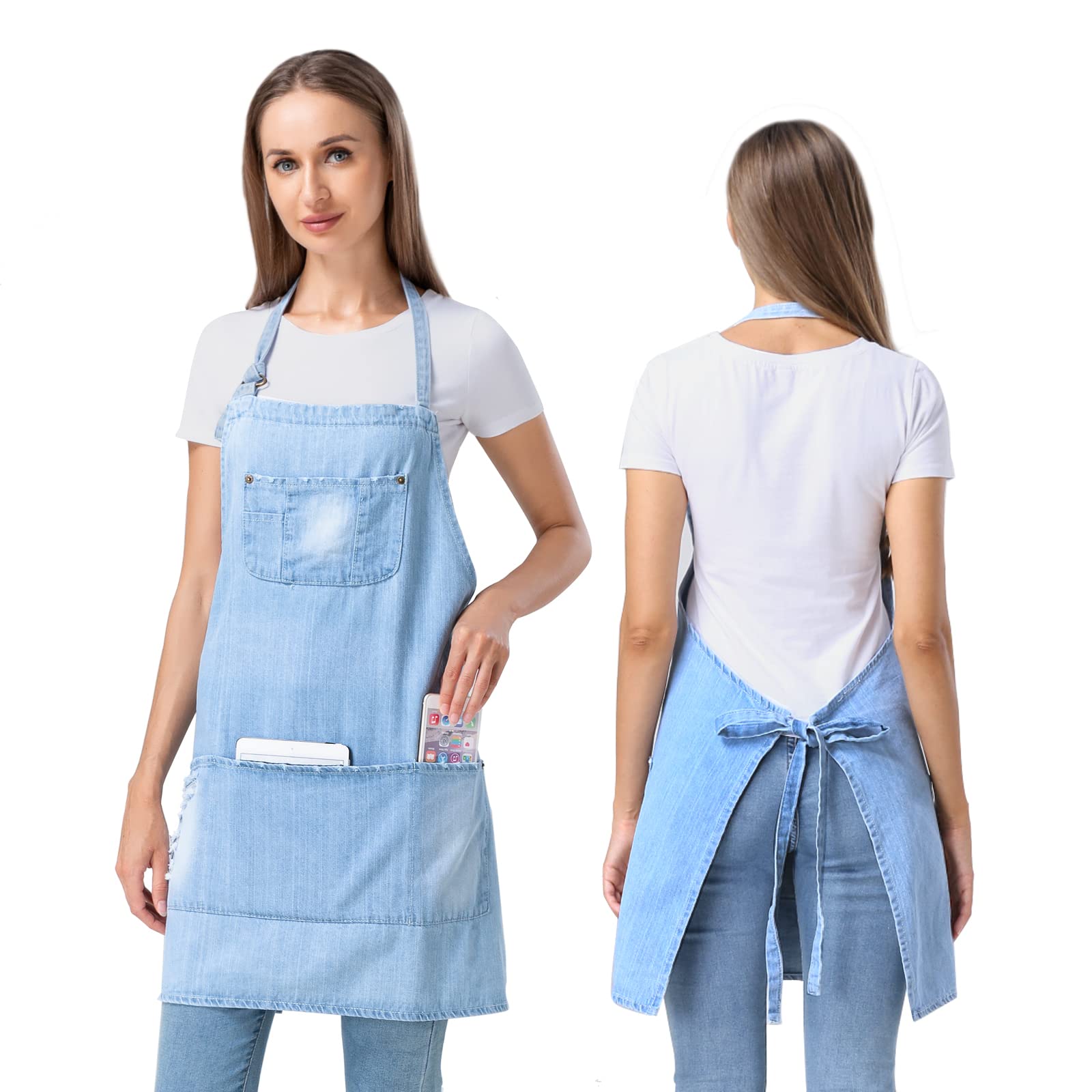 Bobody Cotton Denim Apron with Pockets Unisex Adjustable Baking Cooking Aprons Bib Jean for Chef Kitchens Restaurant BBQ Grill Gardening Coffee Shop and Studio (Light Blue), size