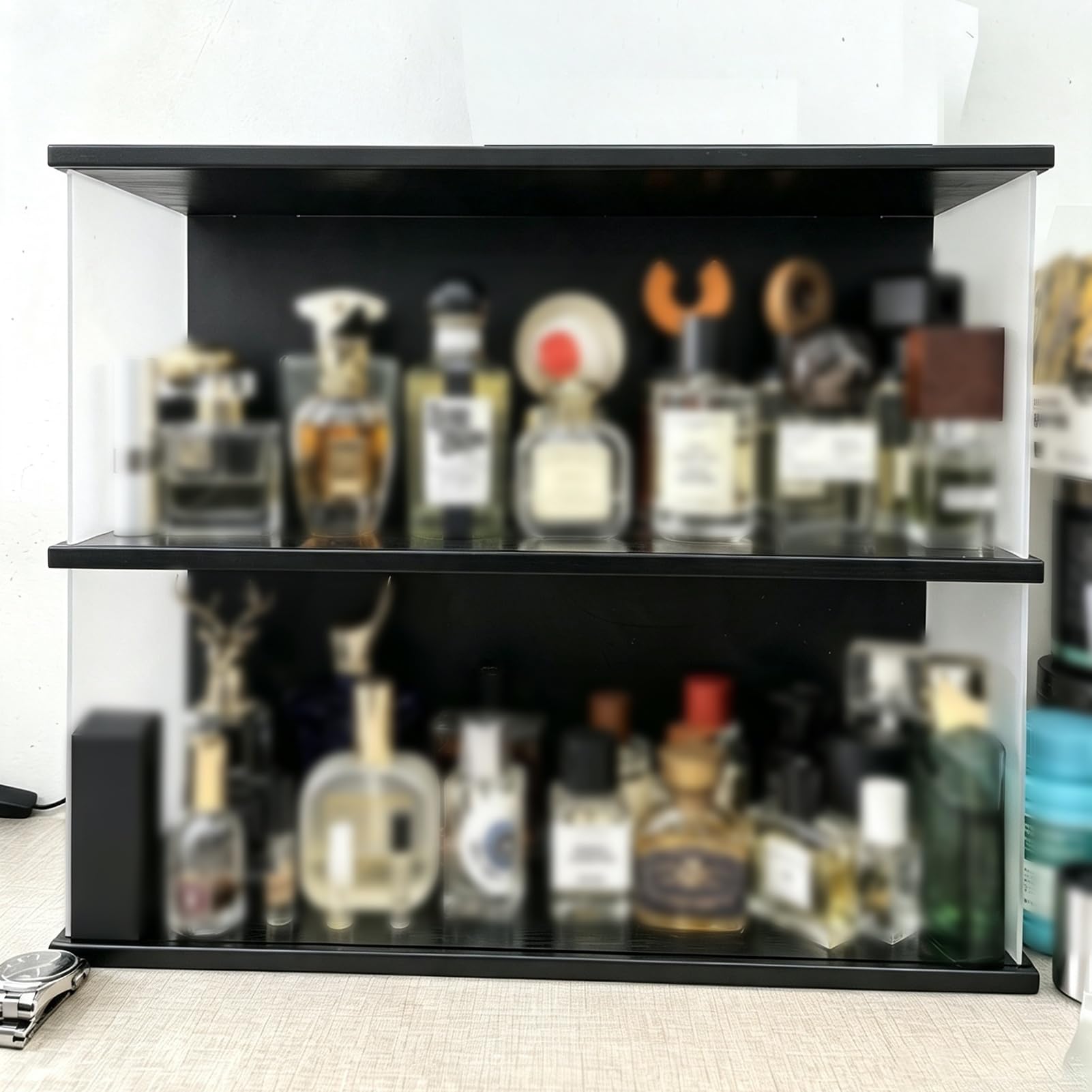 Acryl Vitrine Schwarze Acrylvitrine für Kleinteile, Vitrinen Actionfiguren | Länglicher Diorama-Behälter mit Holzsockel und Deckel, Schiebetür-Organizer-Gehäuse für Kosmetik(Black,L-32cm(12 5/8"))