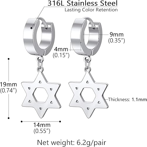 Miniatura 5 de Star of David Earrings for Men Women, Punk Jewelry, BlackGold Plated Stainless Steel, Hypoallergenic for Sensitive Ears, Come Gift Box