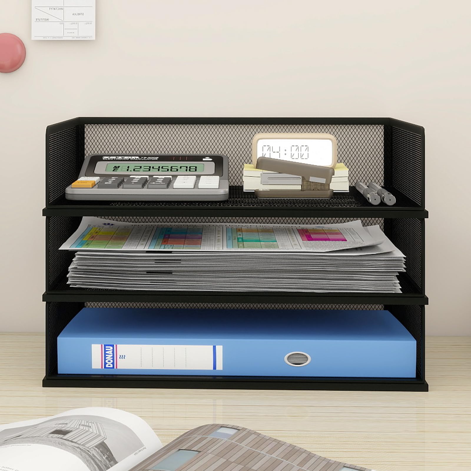 PUNCIA Corbeilles à Courrier en Maille Métallique à 3 Niveaux | Organiseur de Bureau Multimédia Boîte de Rangement Support d'Empilage Documents Organisateur pour Bureau à Domicile (Noir)