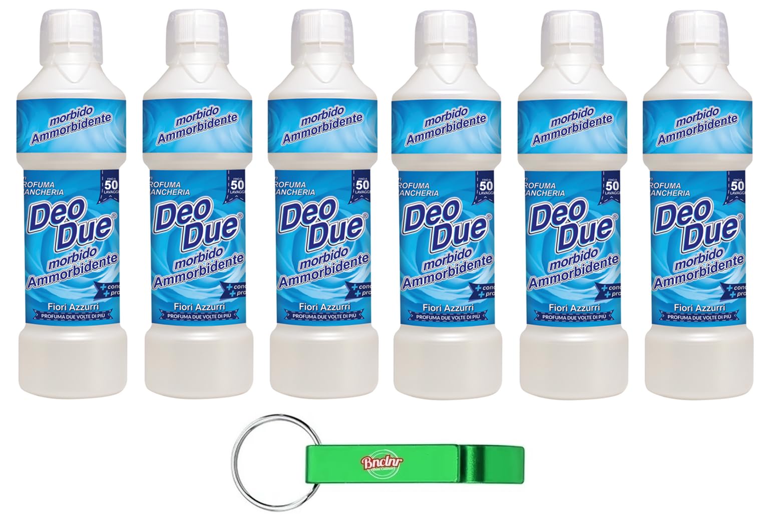 6x DEO DUE Ammorbidente Morbido Concentrato Fiori Azzurri, ideale per tutti i capi,50 lavaggi 1Lt + Portachiavi Beni Culinari in Omaggio