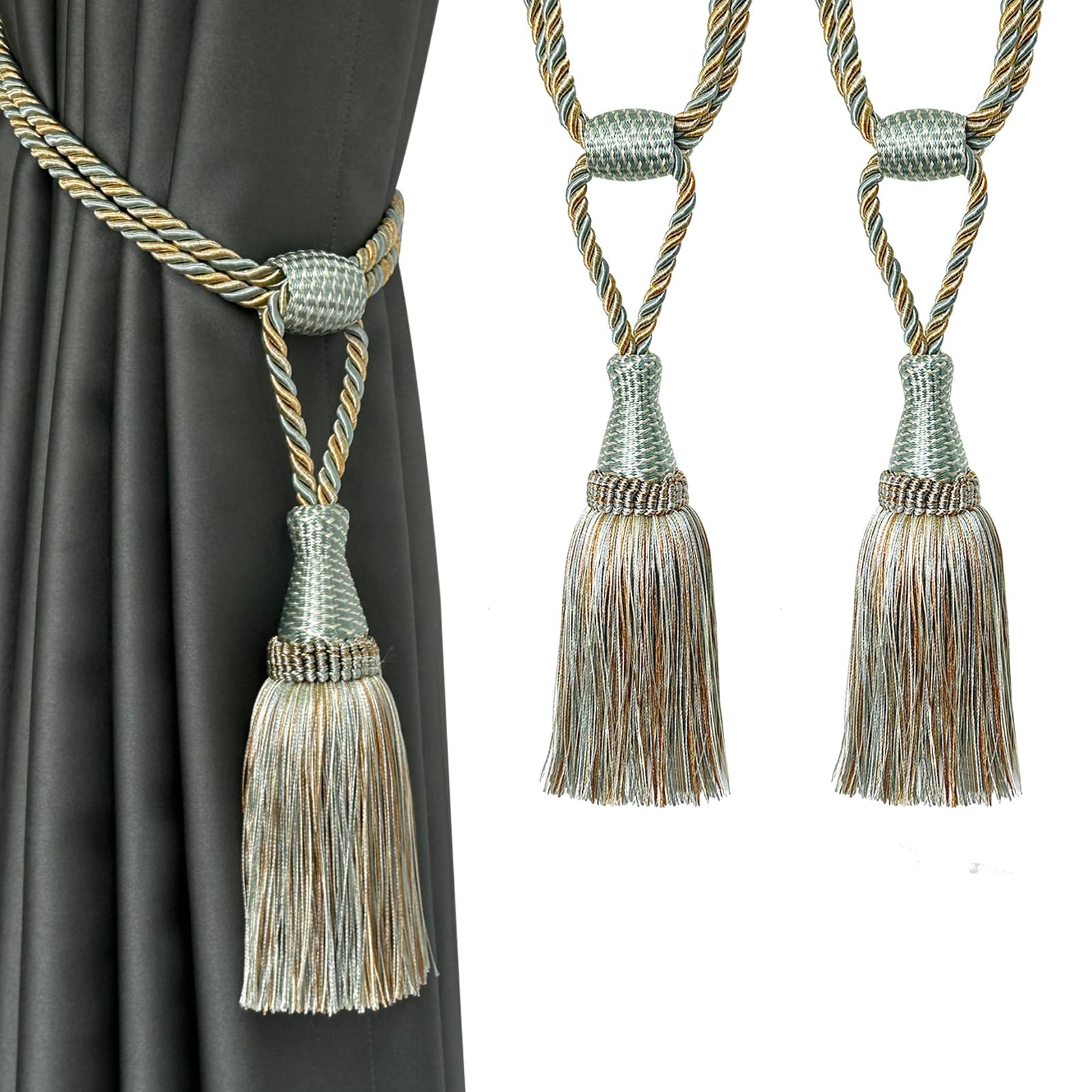 Fenghuangwu Curtain Tiebacks Handmade Elegant Curtain Tie Backs Holdbacks with Tassel for Home Office Decor 2 Pack (Blue)