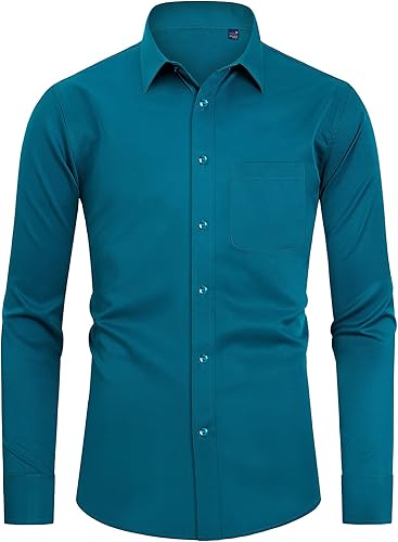 DEMEANOR Camisa de vestir para hombre, ajustada, de manga larga, con botones, elástica, sin arrugas, formal, para boda, con bolsillo