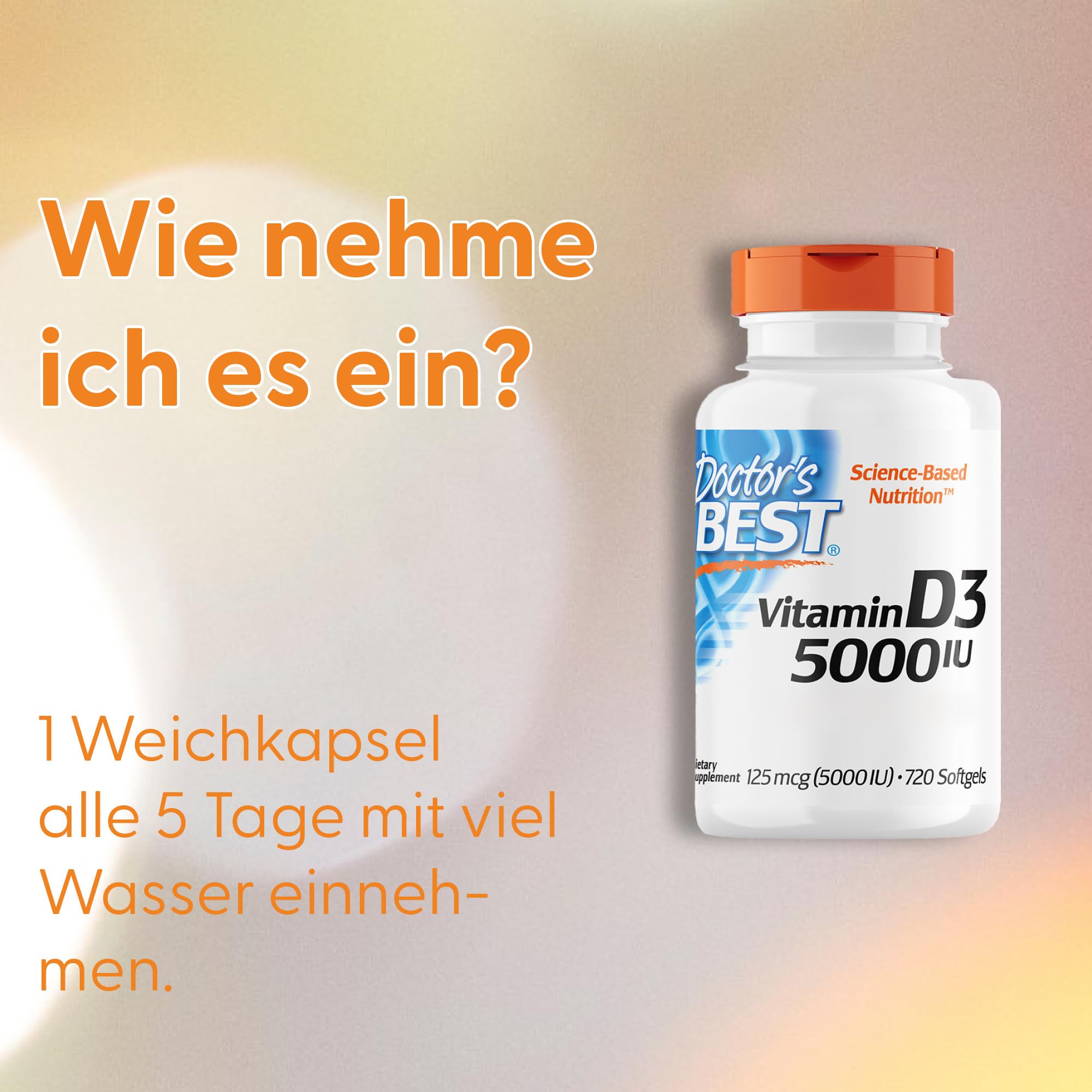 Doctor's Best, Vitamin D3, 5.000 IU, Hochdosiert, Depot Wochendosis, 720 Weichkapseln, Laborgeprüft, Sojafrei, Glutenfrei, Ohne Gentechnik