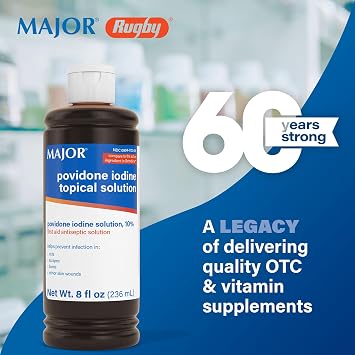 Major 10% Povidone-Iodine Liquid Topical Solution, USP - Topical Antiseptic for Cuts, Scrapes, Burns, and Minor Skin Wounds - 8 Fl. Oz.
