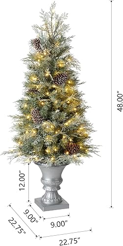 Miniatura 10 de Glitzhome Paquete de 2 árboles de Navidad de 5 pies, pino flocado con nieve preiluminado con 130 luces blancas cálidas, árbol de Navidad artificial