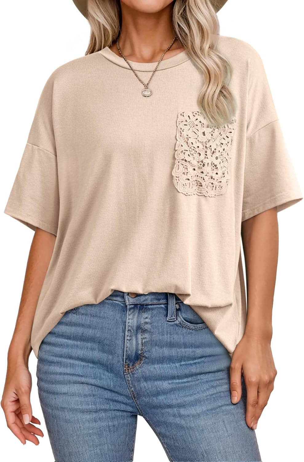Dokotoo Womens Tops Cute Lace Summer Short Sleeves Oversized Casual T Shirts Lace Pockets - Image 2