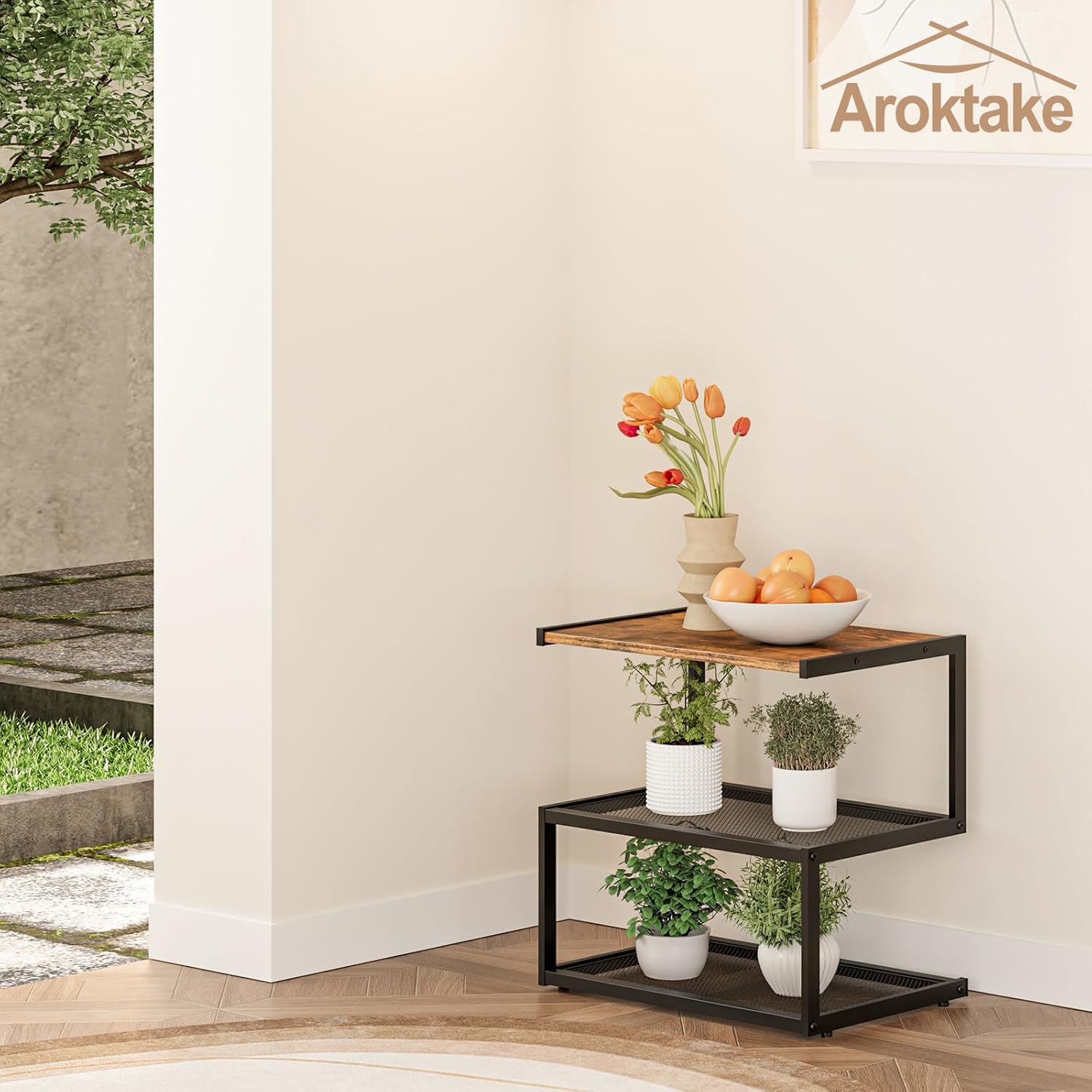 Shoe Rack, Unique 5-Shaped Free Standing Shoe Shelf, 3-Tier Wooden Shoe Organizer with Wooden Top and Steel Frame for Front Door Entrance, Entryway, Hallway, 16.54" D x 10.24" W x 16.14" H