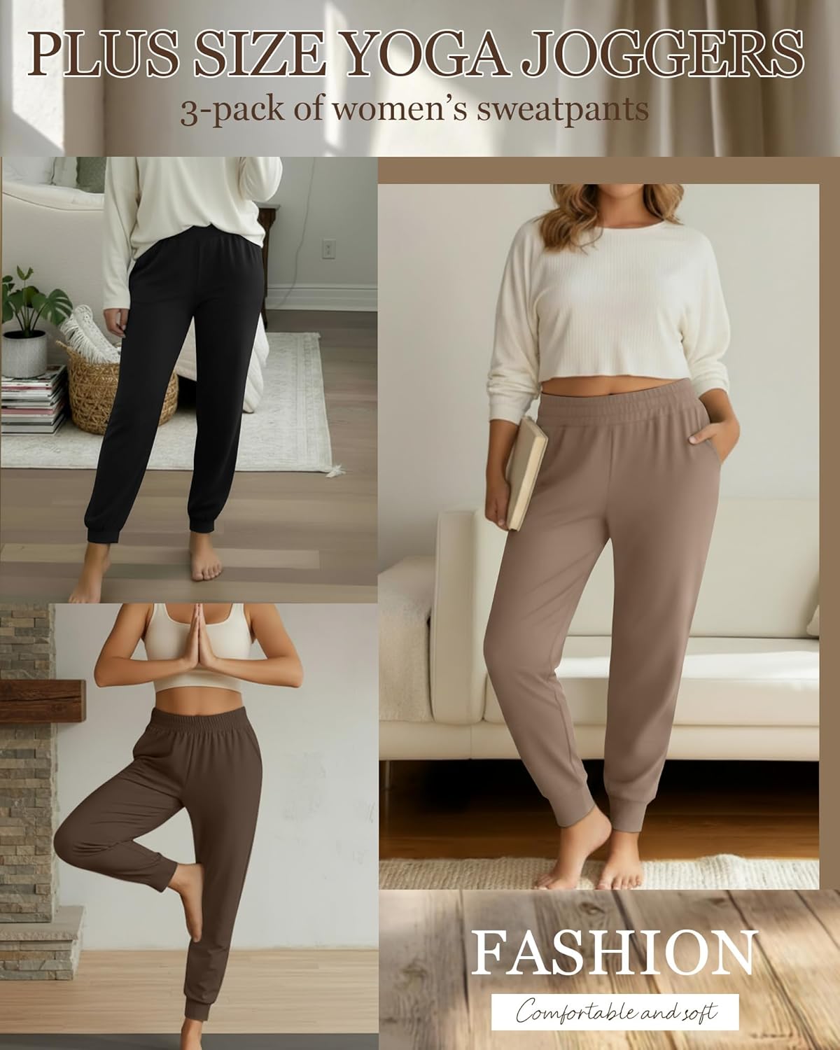 3 Pack Women's Plus Size Yoga Joggers, Comfy High Waisted Lounge Pants Loose Casual Sweatpants Pajama with Pockets - Image 3