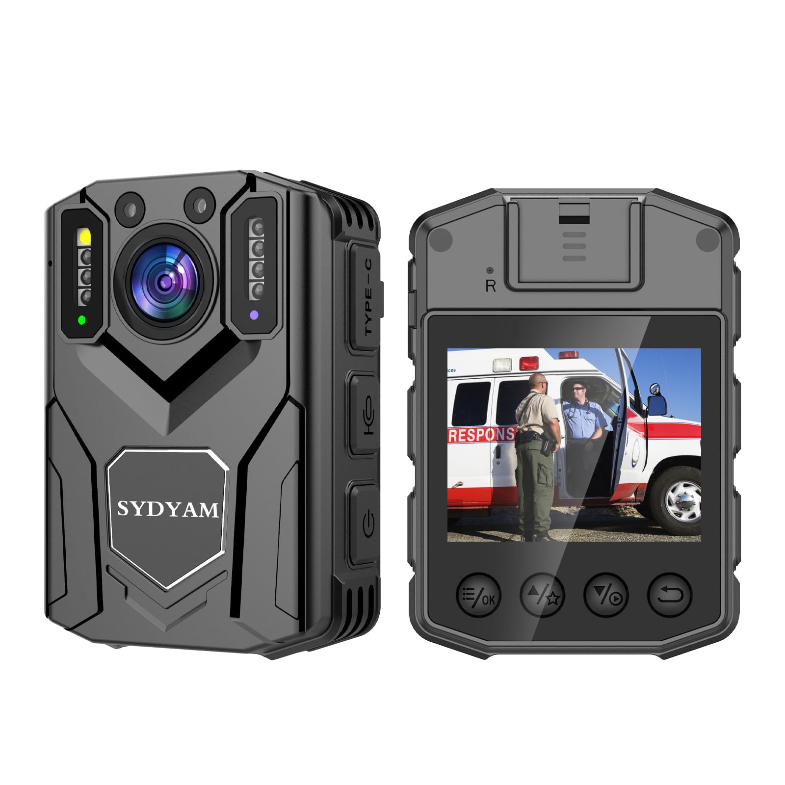 SYDYAM Z5 Body Camera showing 2K/30fps video capability with a police officer in the background.