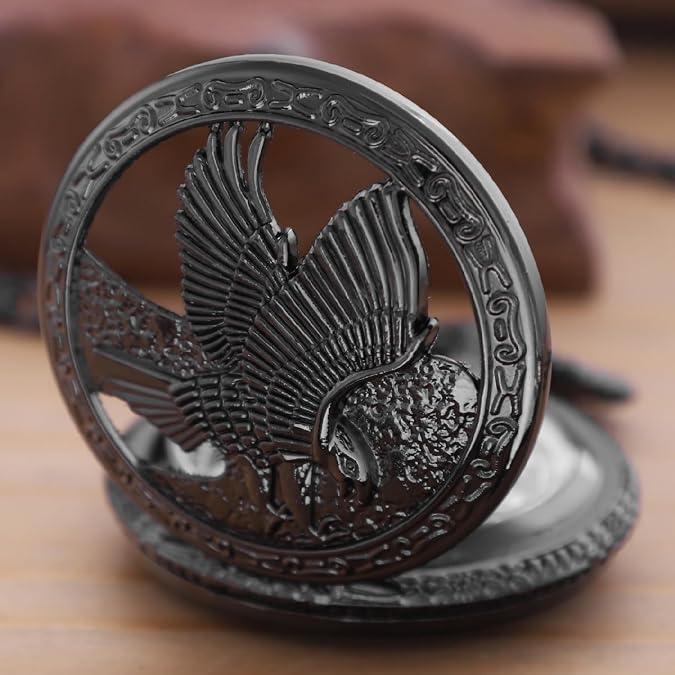 Hollowed Out Eagle Quartz Men's Pocket Watch, Arabic Numeral Dial with Chain Pocket Watch for Men