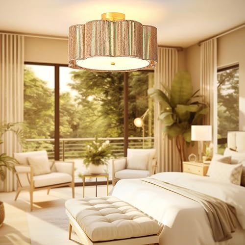 Miniatura 7 de Lámpara de techo de ratán de 17.7 pulgadas, 3 luces bohemias cerca del techo, lámpara de techo de ratán para dormitorio, lámpara de araña grande de