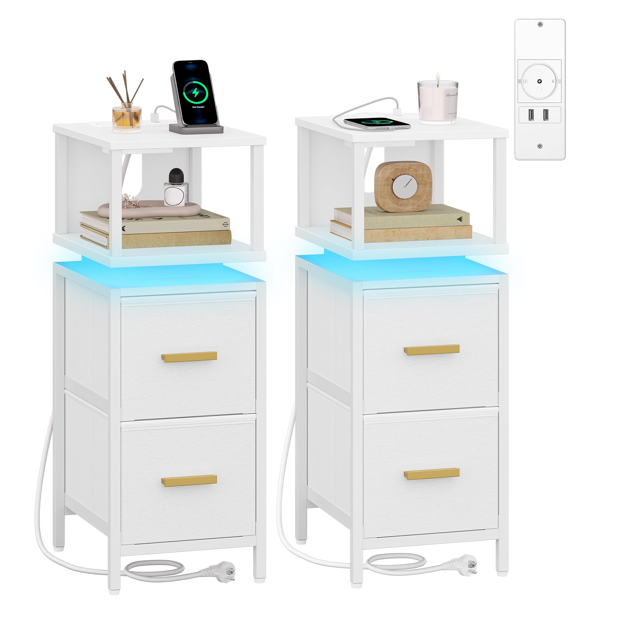 Table de chevet éclairée avec USB HEXCELEN lot de 2 blanche pour chambre moderne