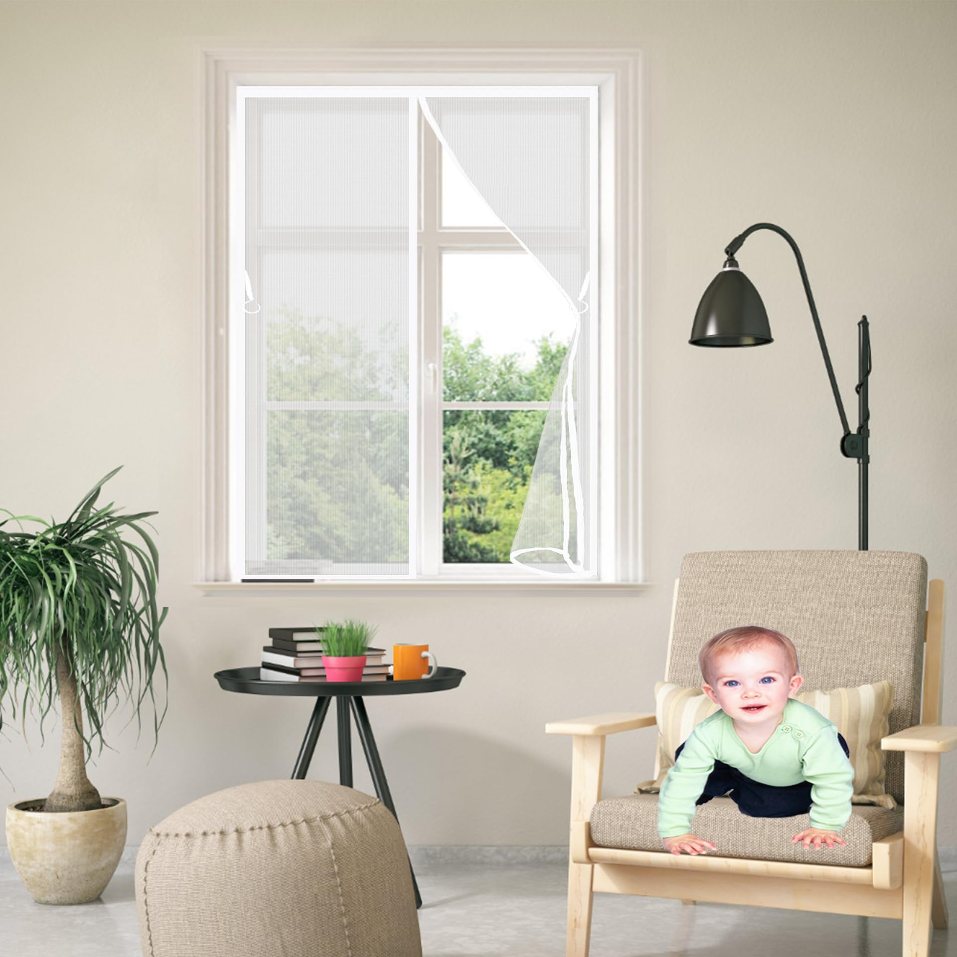 Qinliqin White Fly Screens For Windows Magnetic 59 X 108 Cm Window Netting For Insects Keep Flies, Mosquitoes, Bugs Custom Size No Drilling Or Screwing With Hook Sticky Tape,