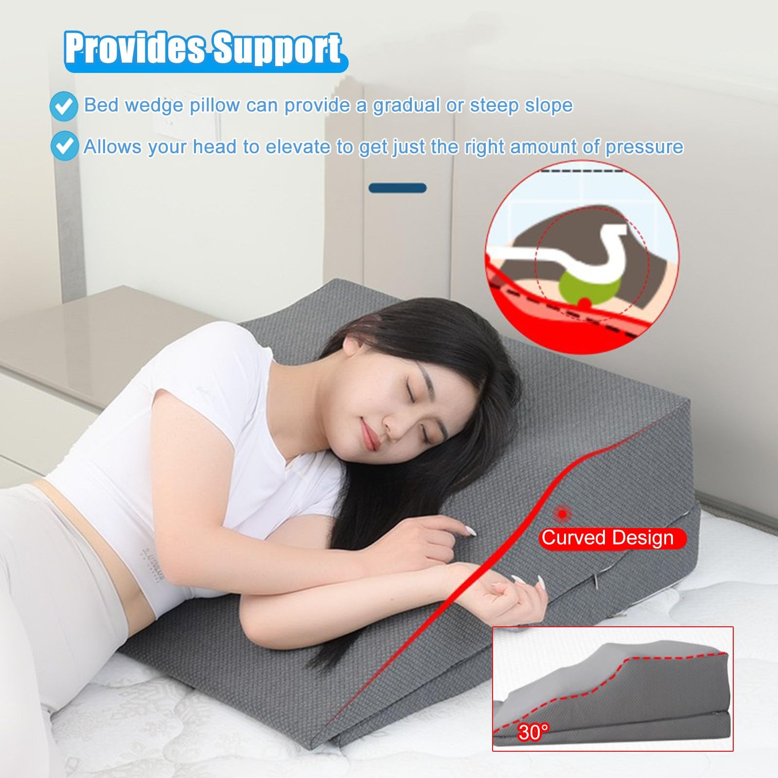 keilkissen bett keilkissen bett kopfteil Matratzenkeil gegen sauren Reflux, dreieckiges erhöhtes Kissen mit waschbarem Reißverschlussbezug für Erwachsene/ältere Menschen/Schwangere/Kinder, Rampenmatra
