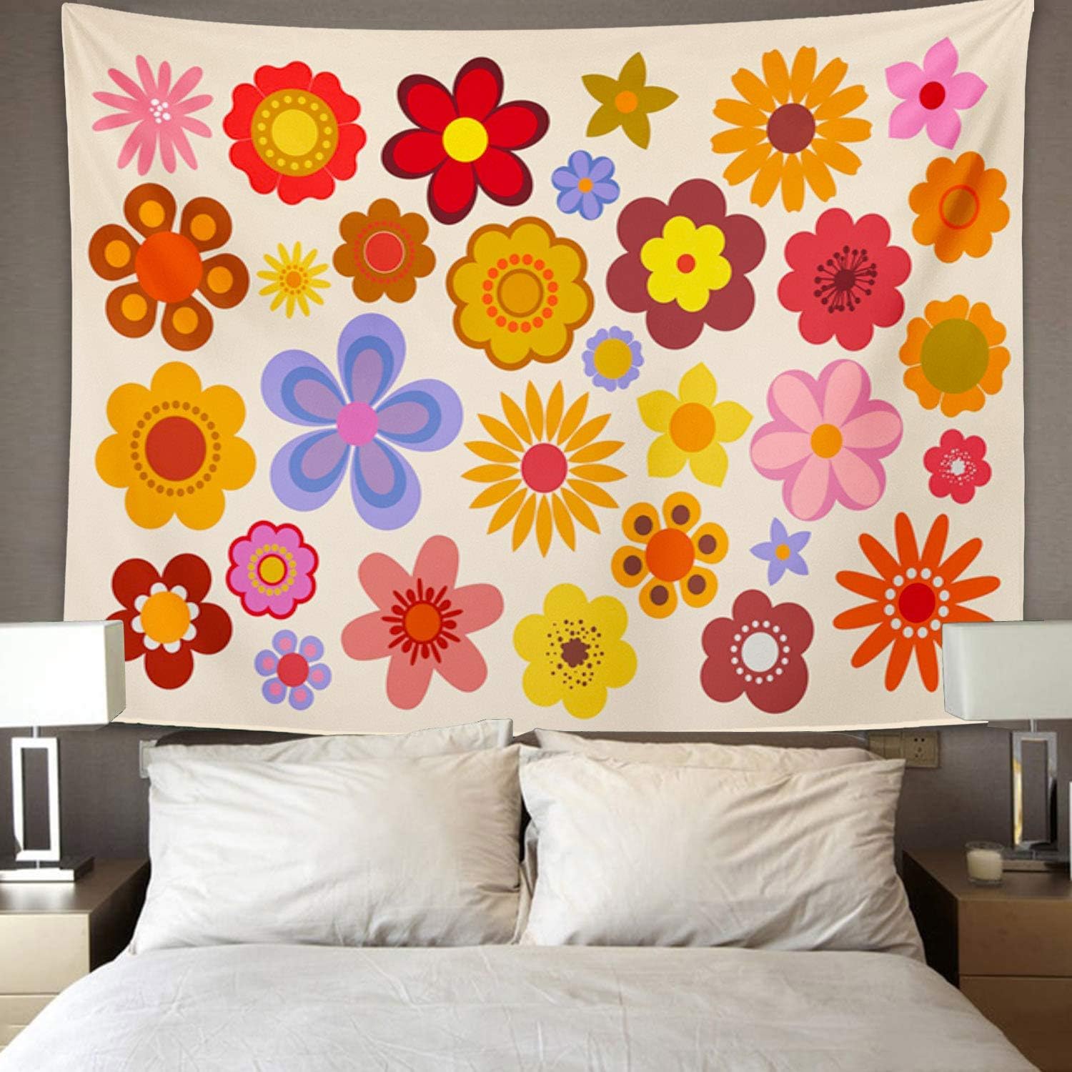 Tapiz verde 1960 flores vintage 60S 70S naranja hippie decoración del hogar colgante de pared para sala de estar, dormitorio, dormitorio 60 x 80 pulgadas 4