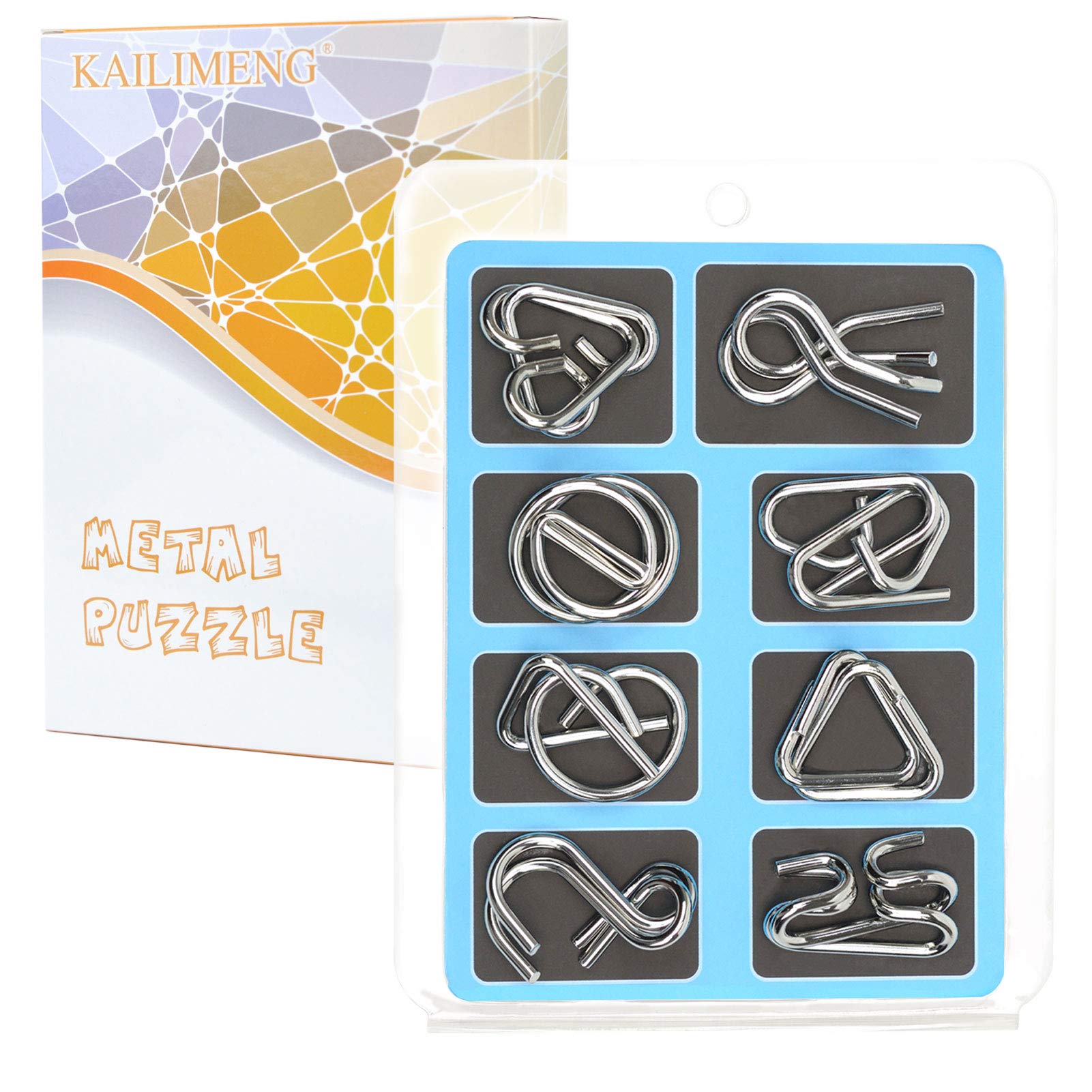 KAILIMENGMetal Puzzle Set, Brain Teaser Metal Wire Puzzles for Kids and Adults - Mind Game 3D IQ Jigsaw, Set of 8 (Blue Style)