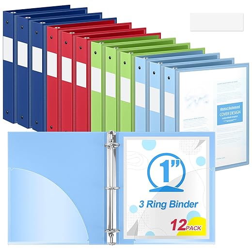 Henoyso 12 Pcs 3 Ring Flexible Binders with Clear Front View Cover and 2 Inner Pockets, 8.5 x 11 Colored Plastic Flexible Binders for Paper File Organizer, Hold 350 Sheets(1 Inch,Fresh Color)