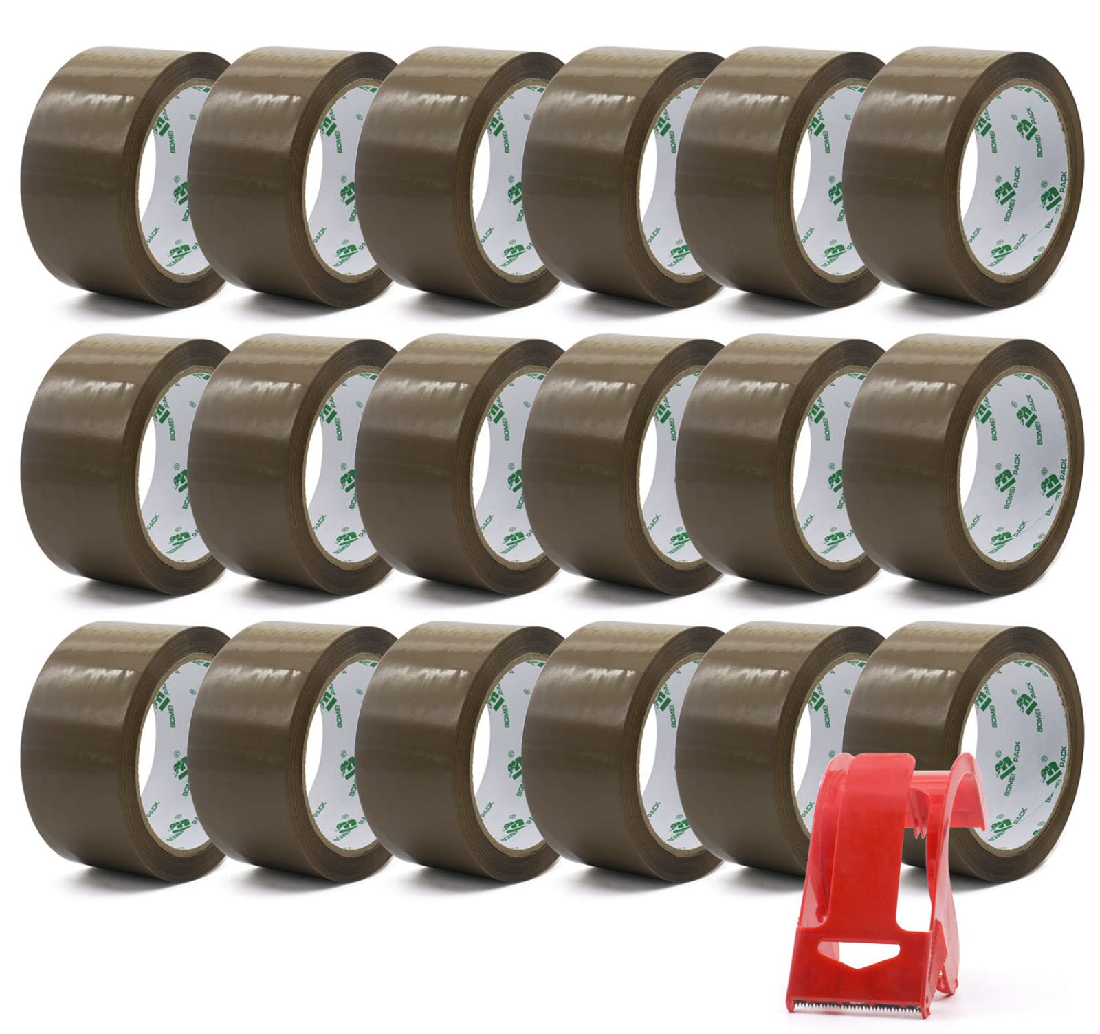 BOMEI PACK Lot de 18 rouleaux de ruban adhésif Marron avec Dérouleur Pour Boîtes et Ruban D'emballage 66m x 48mm