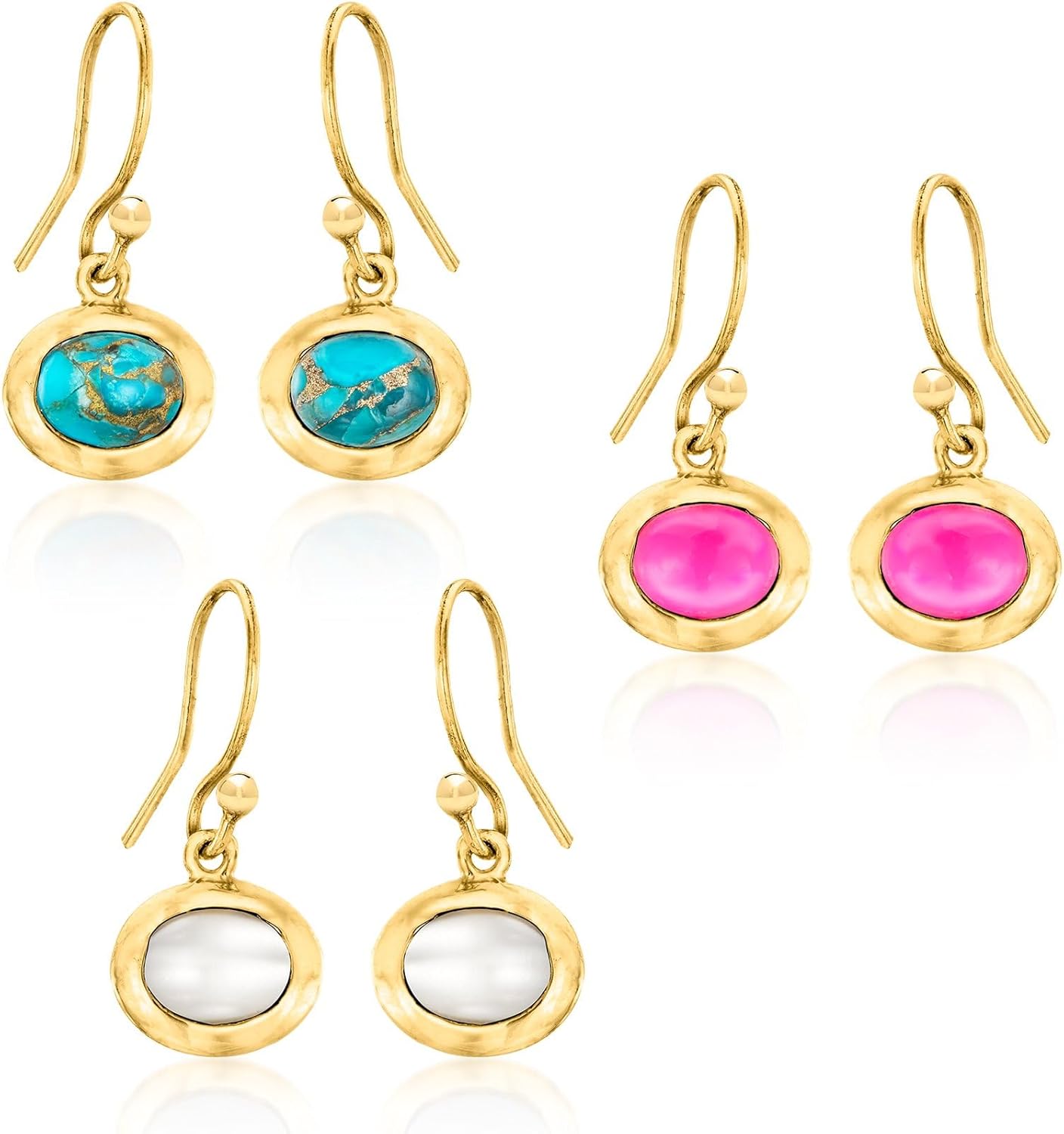 Ross-Simons Turquoise, 6x8mm Cultured Pearl and 2.00 ct. t.w. Pink Chalcedony Jewelry Set: 3 Pairs Of Drop Earrings in 18kt Gold Over Sterling