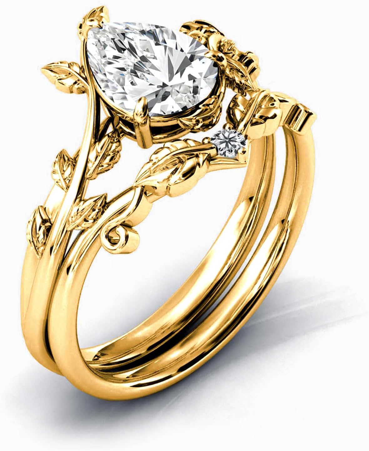 10k/14k/18k Solid Gold 1.5CT Pear Gemstone Vintage Bridal Ring Set for Women Nature Inspired Leaf Vine Art Deco Birthstone Rings Sets Anniversary Engagement Jewelry Gifts for Her Wife Size 4~12