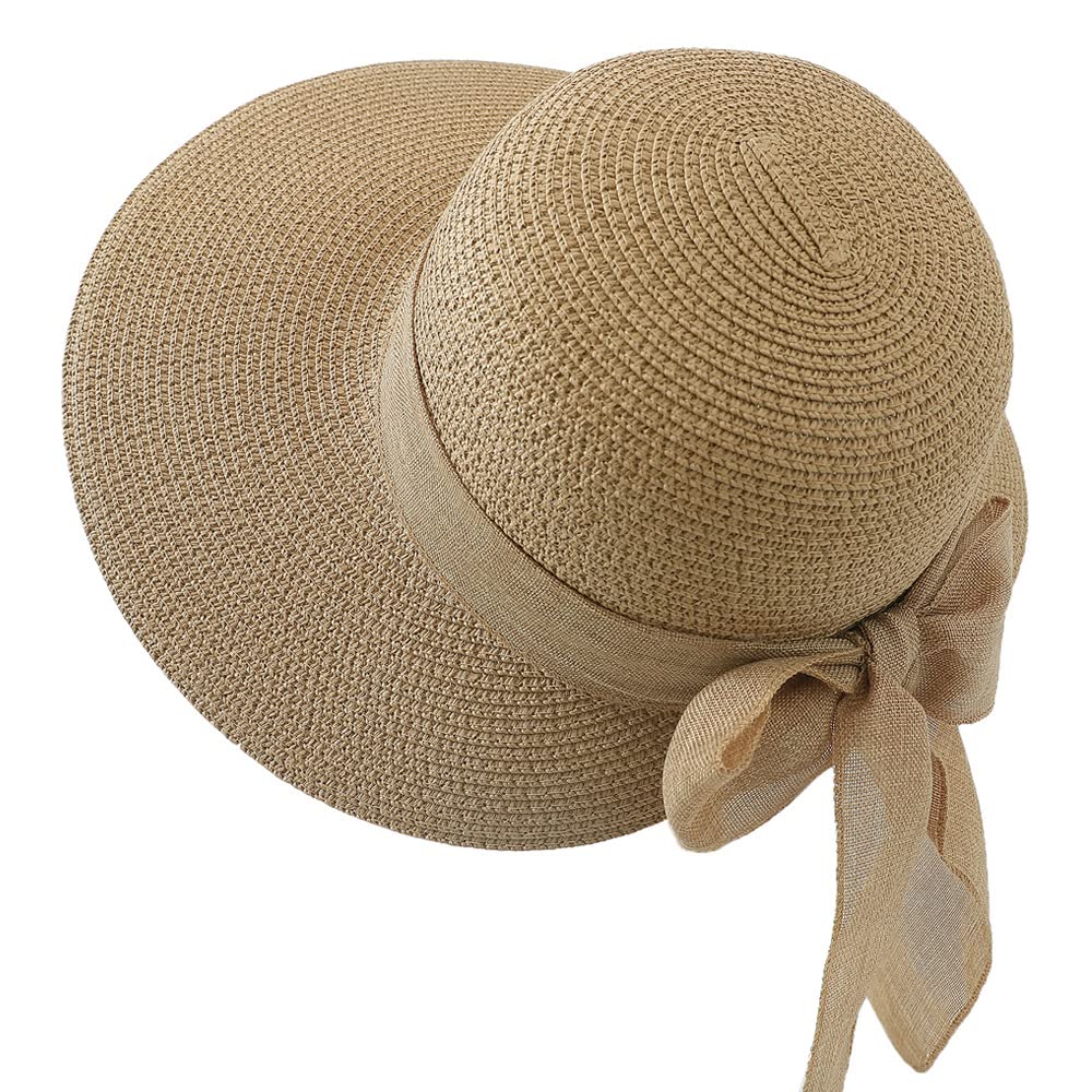 Women's Wide Brim Straw Panama Hat Classic Sun Hat with Cotton-Ramie Bow  for Church, Derby, Jazz, Wedding Talent Show Light Brown