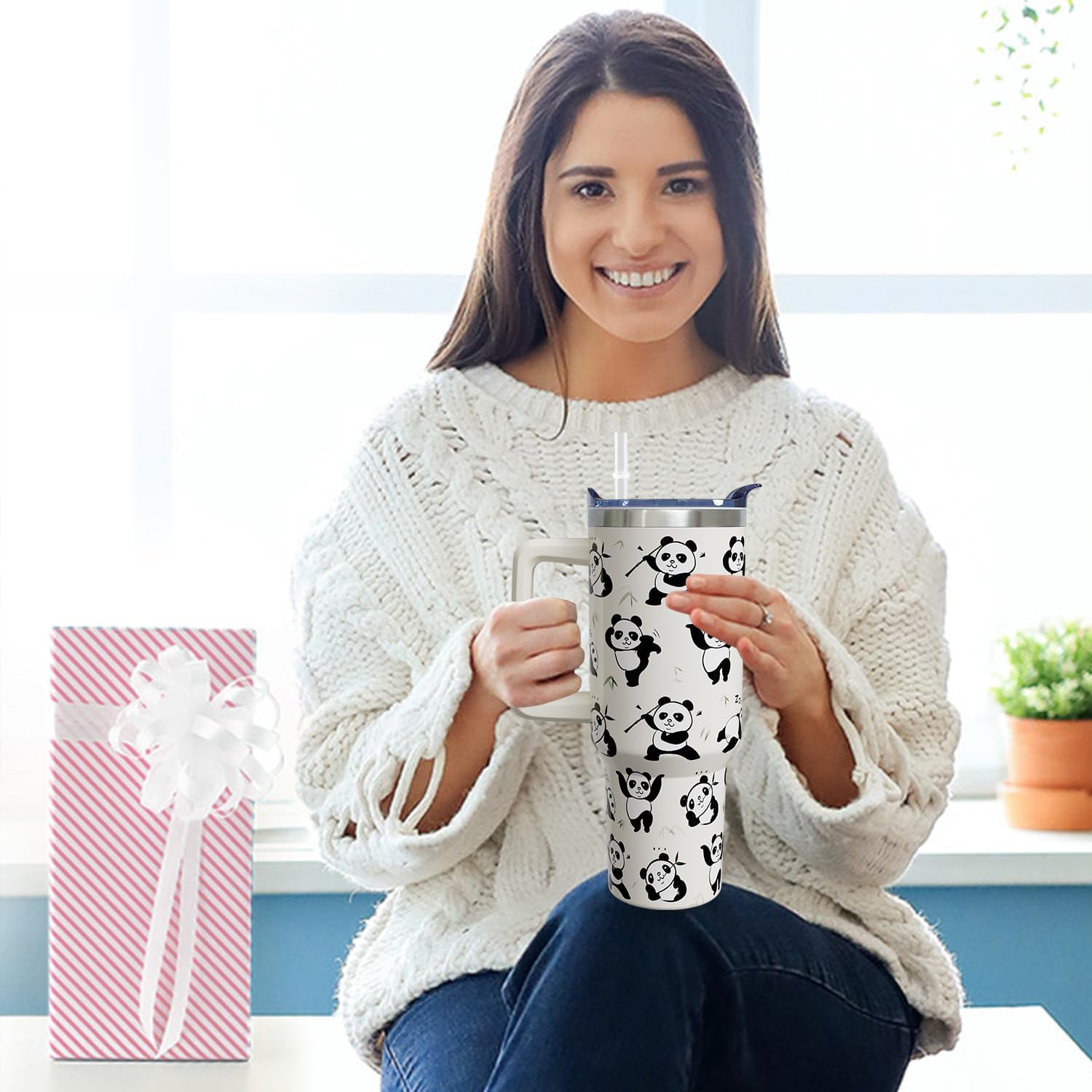 40 oz Panda Cup Tumbler with Handle Lid and Straw, Panda Gifts for Women, Cute Tumblers for Women - Image 4