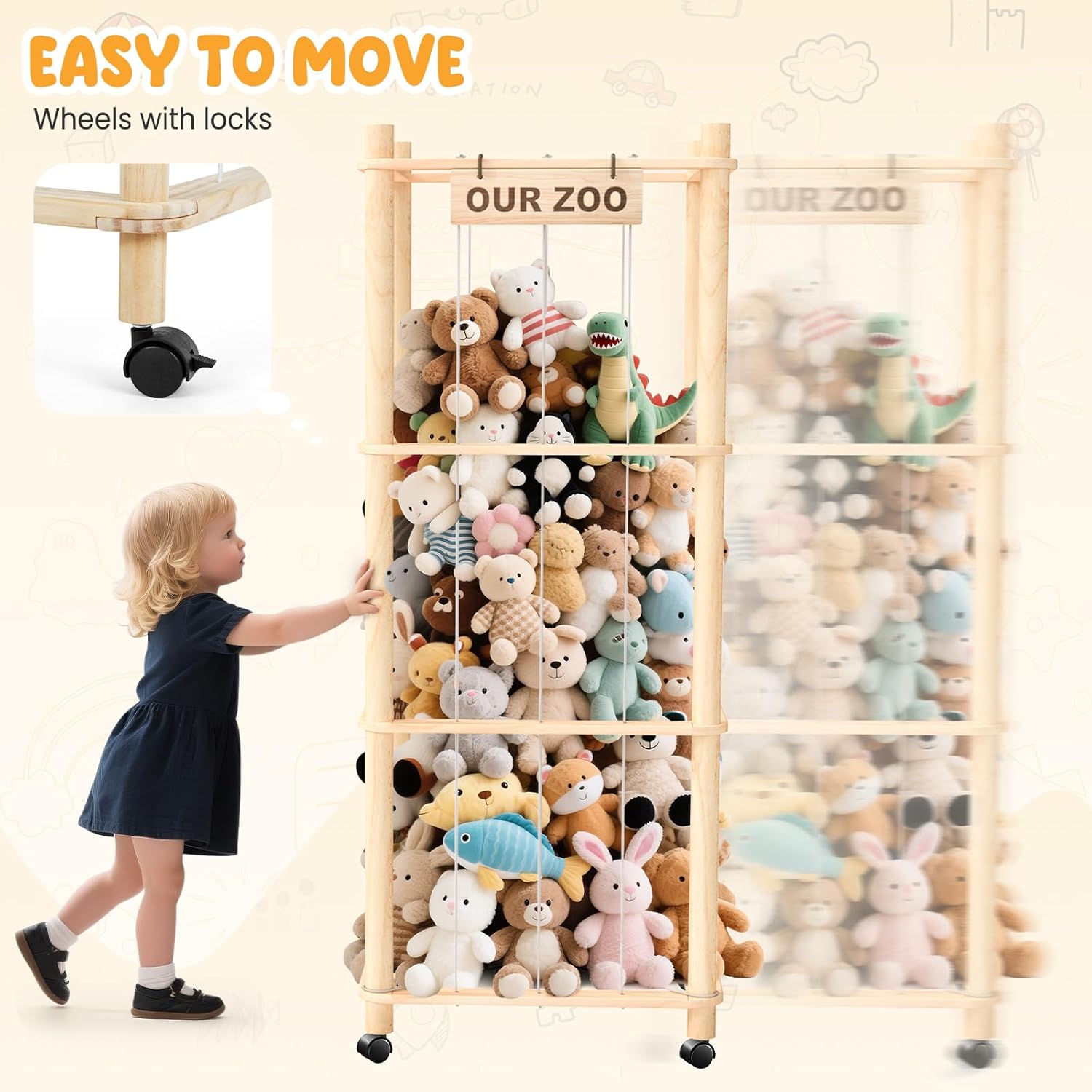 Stuffed Animal Zoo Organizer with Wheels – Extra Large Plush Storage Cage, Stuffed Animal Holder & Stuffed Animal Storage for Kids’ Bedroom and Playroom - Image 5