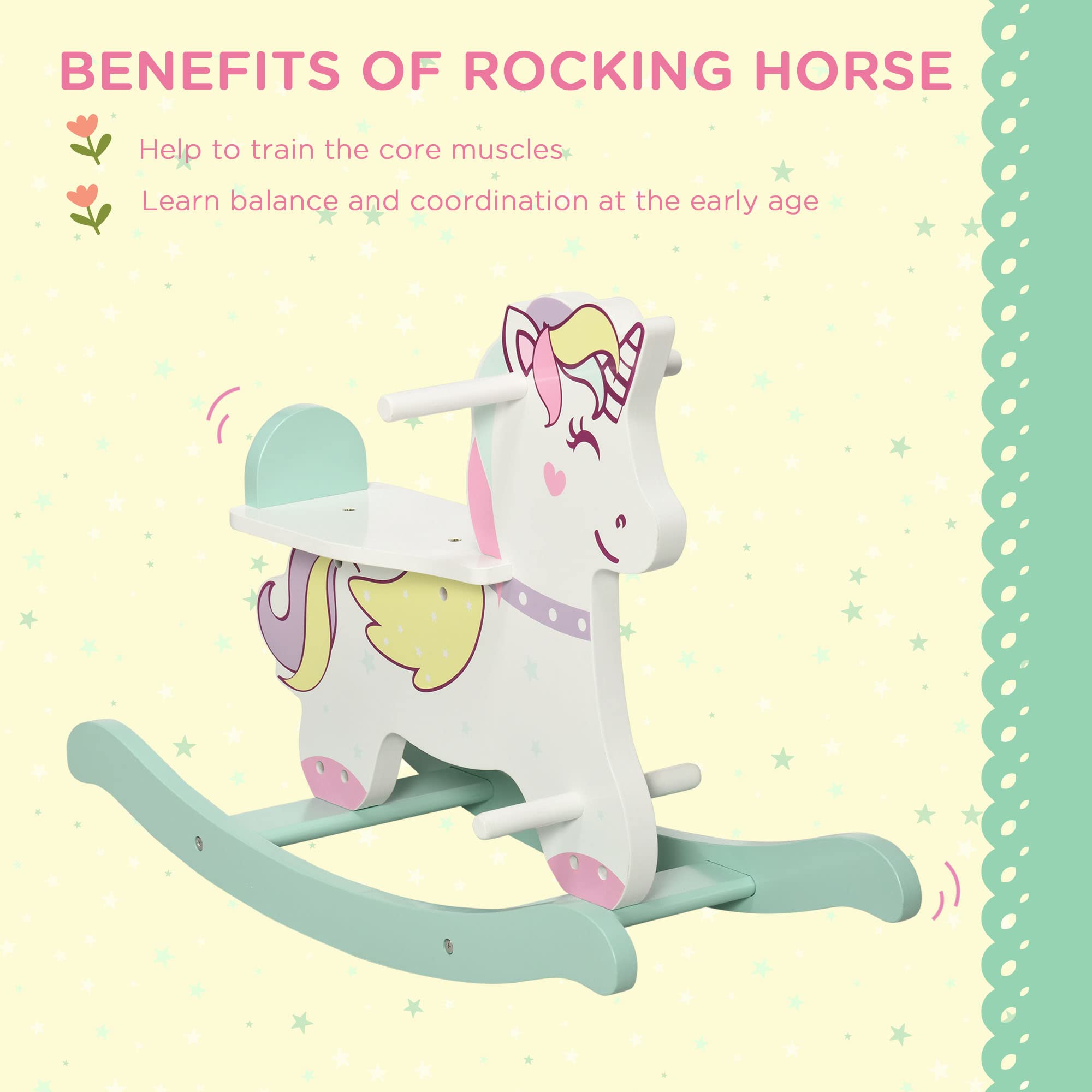 HOMCOM Caballo balancín para niños de 1 a 3 años, caballito balancín con asas, respaldo y pedales de MDF, 68 x 27 x 47,5 cm, azul, rosa y blanco