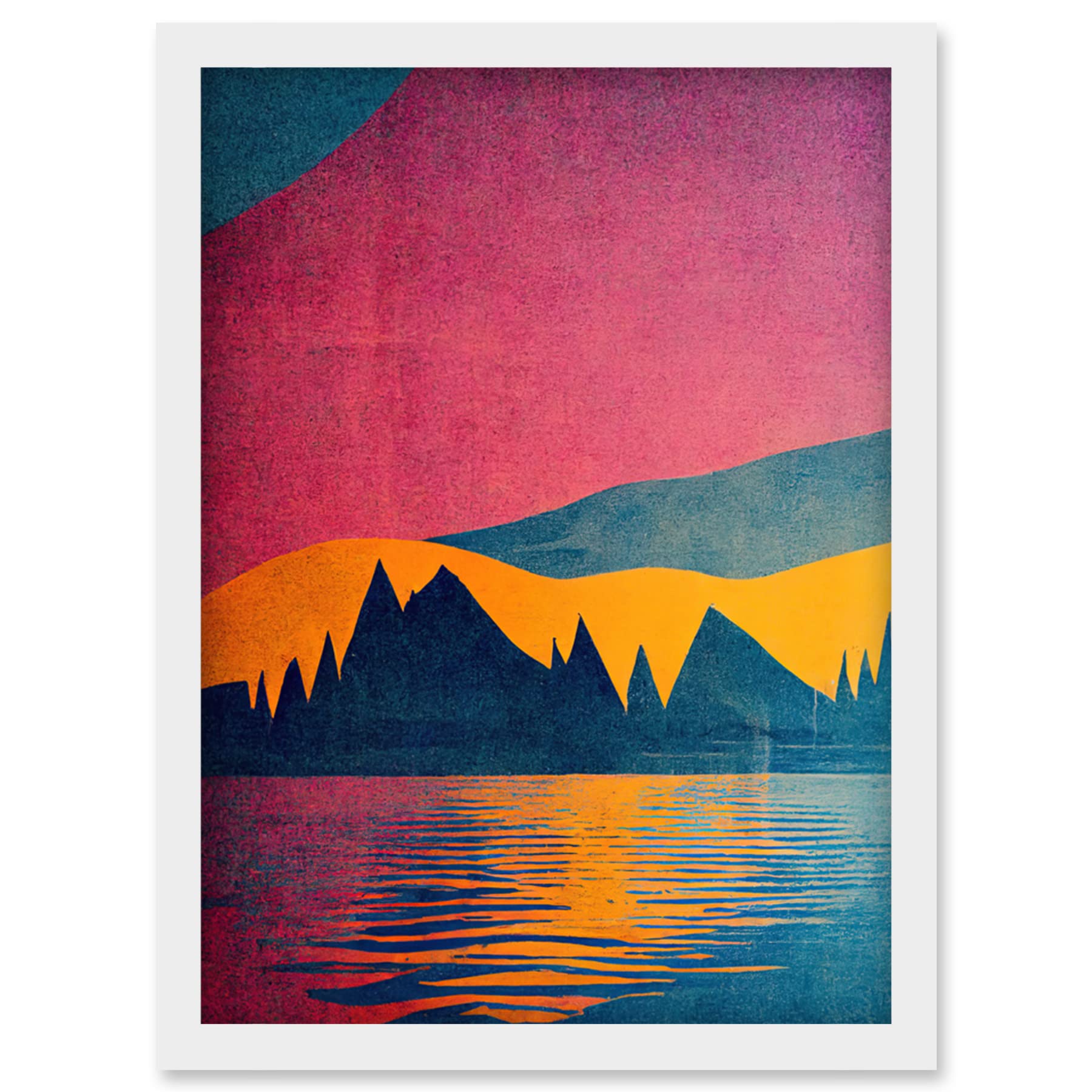 Wee Blue Coo Sunset at Lakeside Modern Colourful Pop Art Design Artwork Framed Wall Art Print A4
