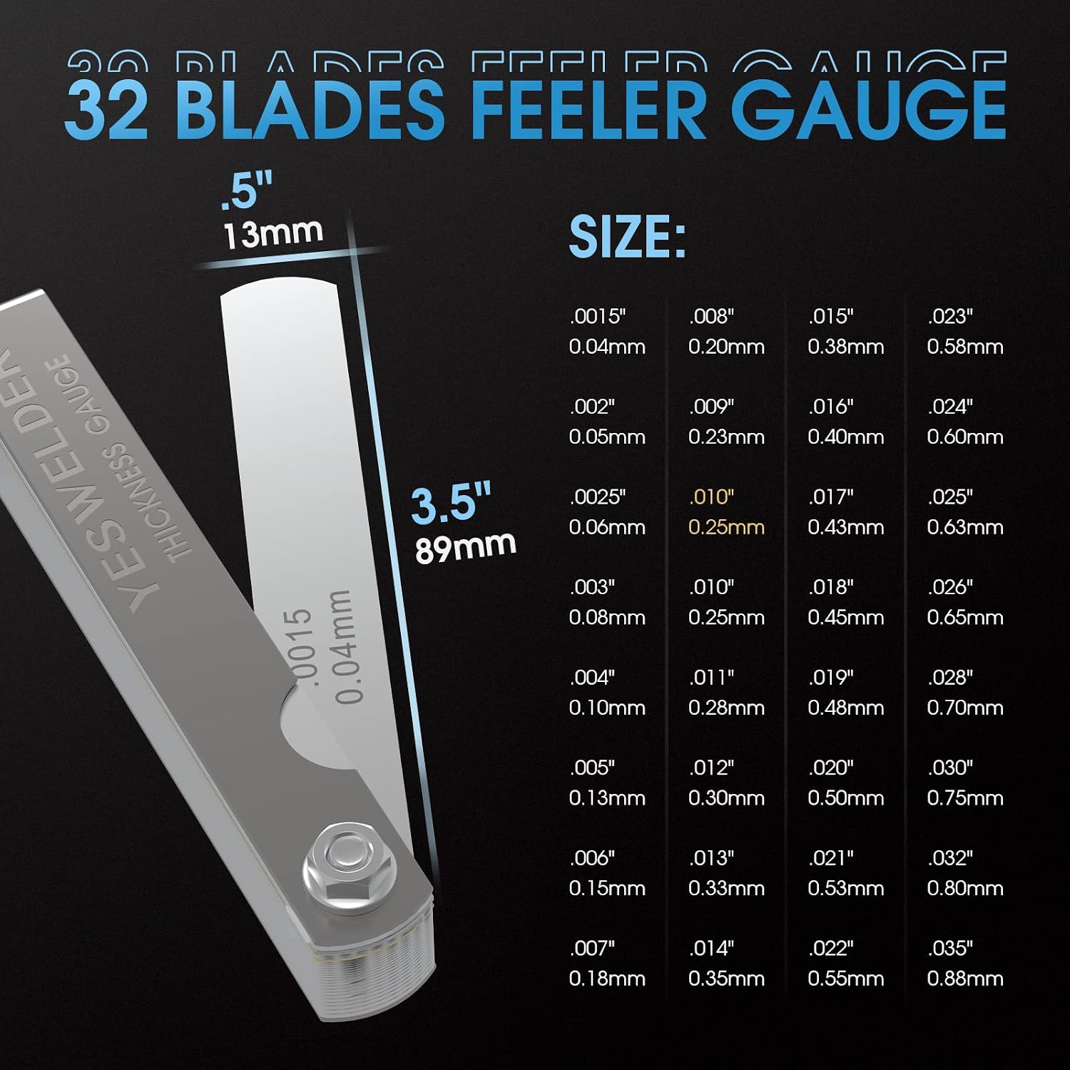 YESWELDER Thickness Gauges 2Pcs 32 Blades Feeler Gauge 0.0015-0.035"/16 Pieces Offset Feeler Gauge Set 0.005-0.020", Dual Marked Gap Measuring Tool Kit for Repair, Bass Guitar, Spark Plugs