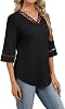 Blusa de mujer WIHOLL con ojal de encaje, escote en V, manga campana 3/4, camisa casual elegante para trabajo, moda primavera/verano 2026, certificación OEKO-TEX STANDARD 100 5