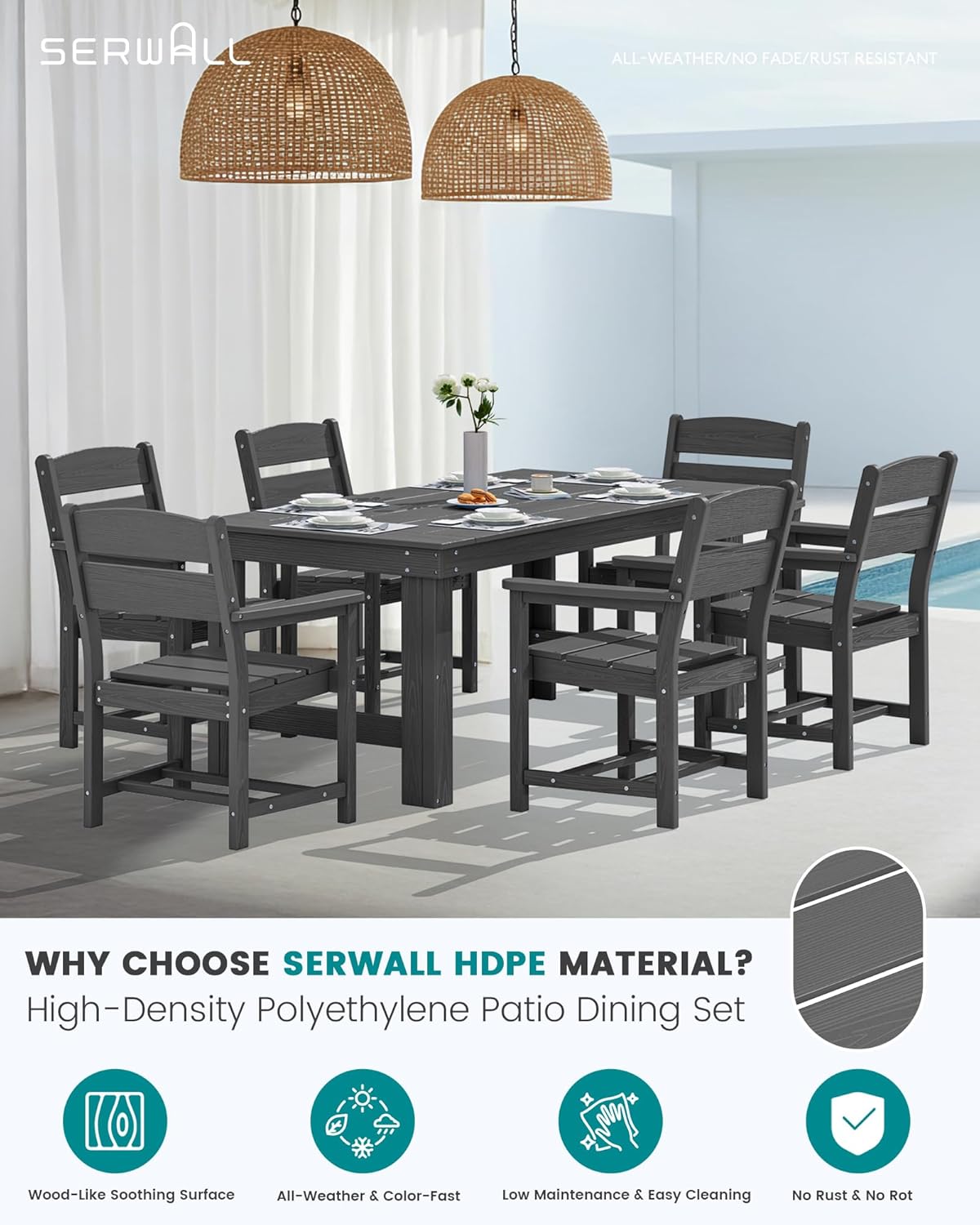 SERWALL Outdoor Dining Table Set, 67‘’ HDPE Patio Dining Set for 4, All-Weather Outdoor Table and Chairs Set for Deck, Grey