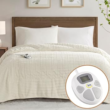 Serta Heated Blanket Twin, Ribbed Plush Electric Blanket, Marshmallow