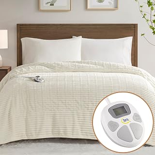 Serta Electric Blanket, Soft, Ribbed, Plush Heating Blanket Twin for Office, Couch, 1-12 hr Auto Shut Off Timer, 10 Lv Heating, ETL Certified, Twin 62"x84" Marshmallow