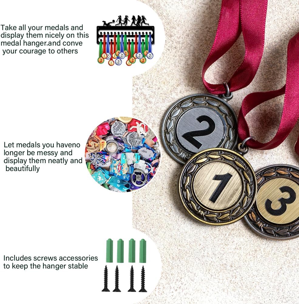 SUPERDANT Medal Hanger Display Sports Medal Holder Wall Mount Medals Hanging with Hooks Matte Black Metal Medal Display Rack Iron Race Ribbon Award Organizer Gifts for Athletes