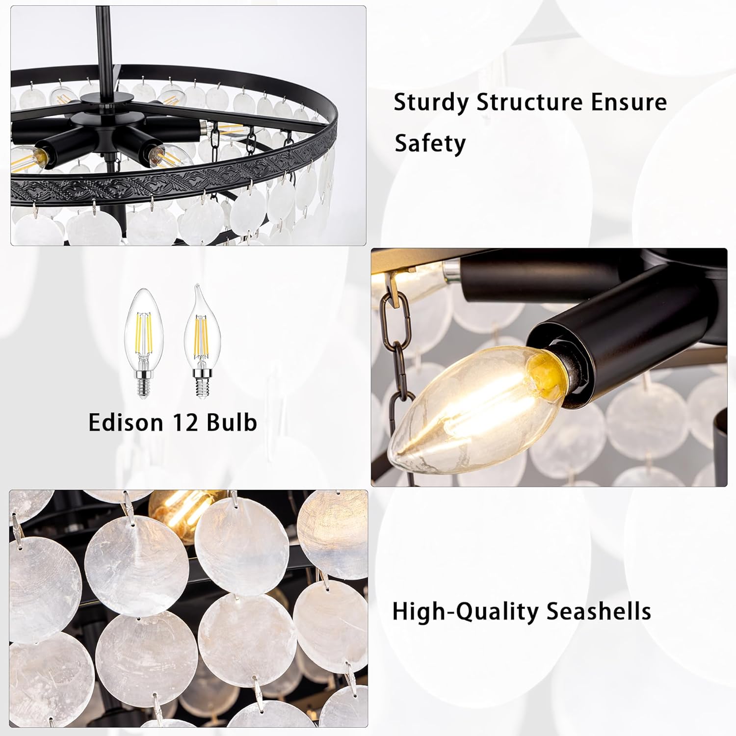 Wellmet Black Capiz Shell Chandelier, 9 Lights Beach Light Fixture, Coastal Sea Shell Pendant Lighting for Dining Room, Modern Ceiling Light for Kitchen Island, Living Room, 24‘’W