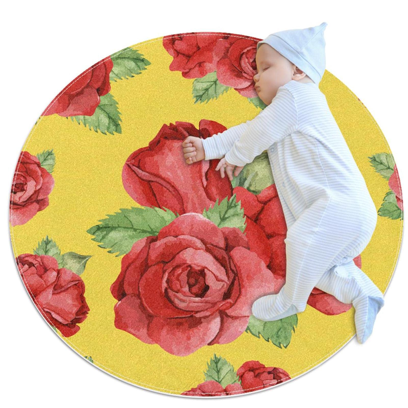 Tapis de salle de bain rond dessin main roses rouges et envers antidérapant
